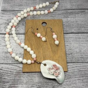Artisan statement style jewelry set necklace and earrings boho mop coral